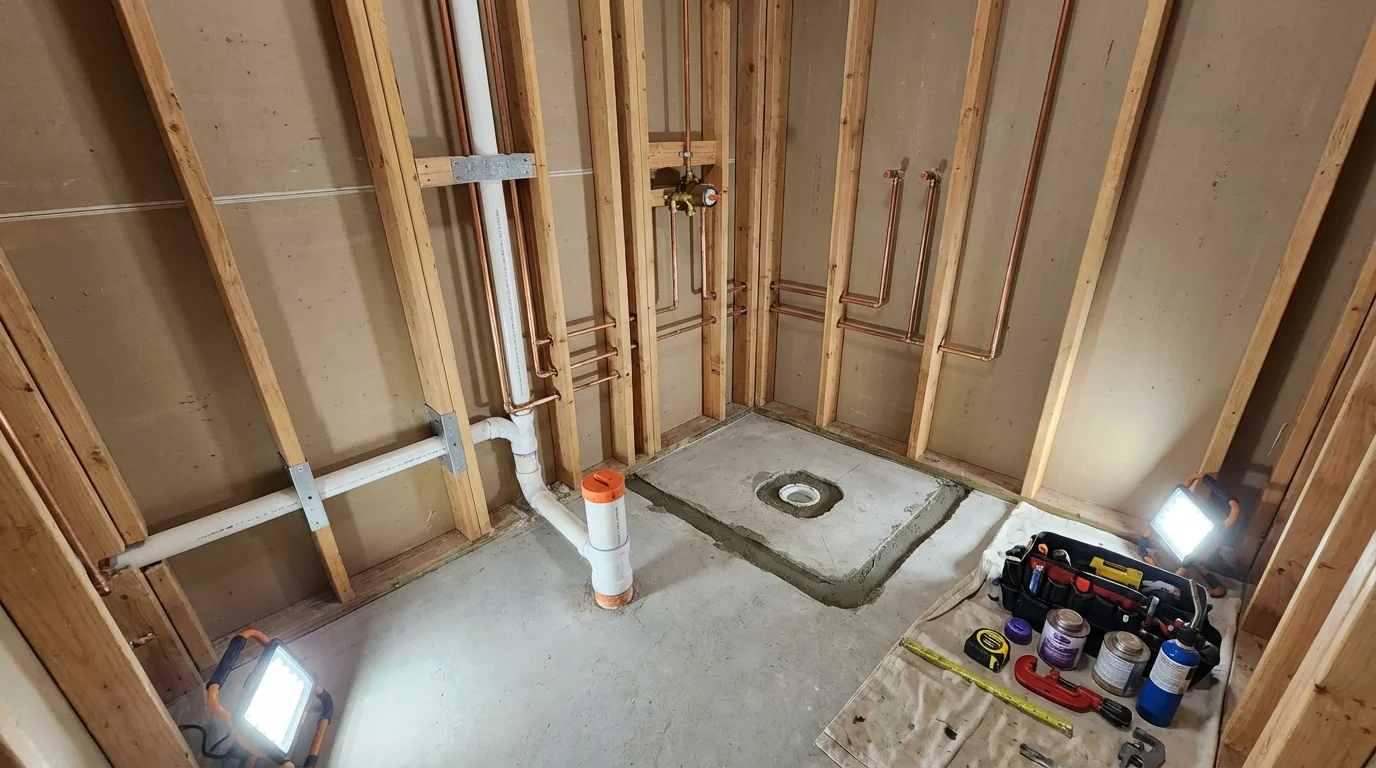 Bathroom rough-in plumbing during remodel by Johns Plumbing LLC in Mojave