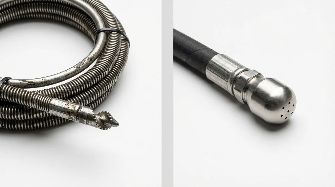 Drain snake cable and hydro jetting nozzle used for drain cleaning in Mojave, CA
