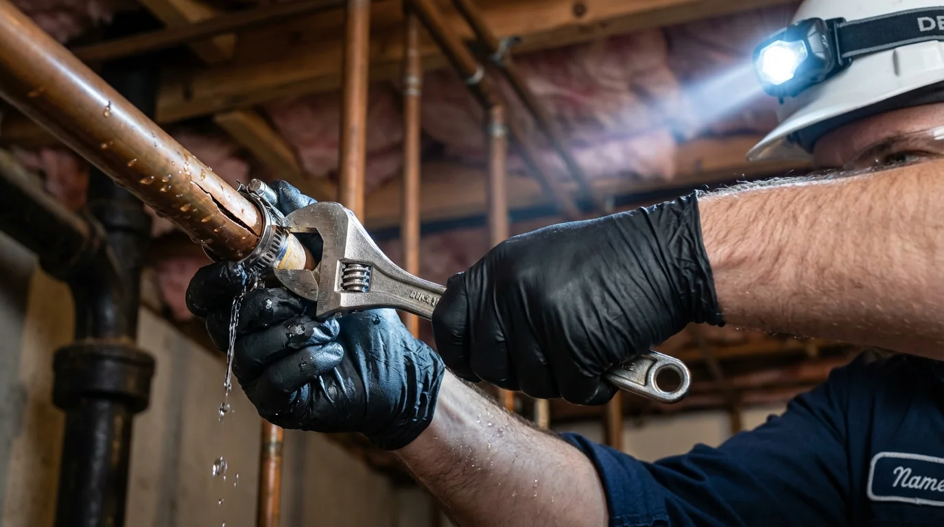 Emergency pipe clamp repair being performed by a Johns Plumbing LLC plumber in Mojave