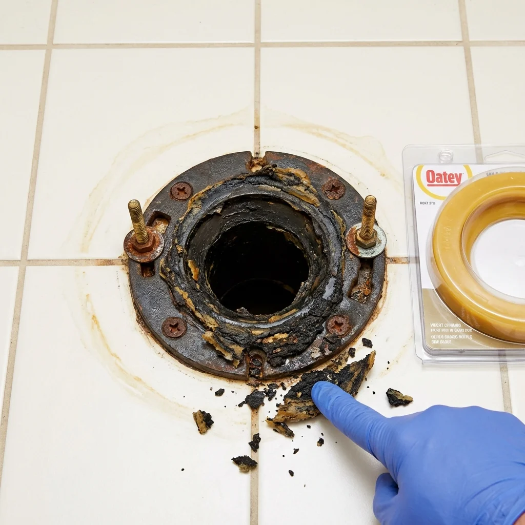 Failed wax ring showing water seepage at the base of a toilet in a Mojave, CA home
